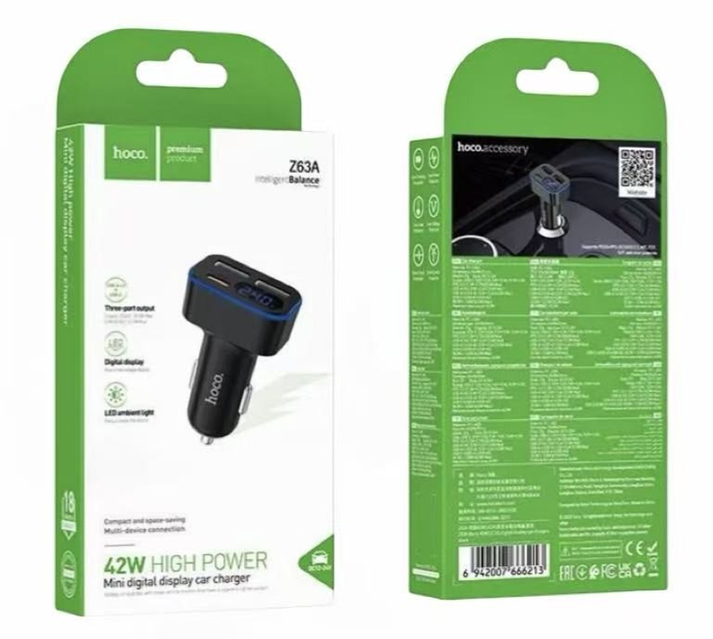 Автомобильное заряд. устр. Hoco Z63A 2USB/1C черное