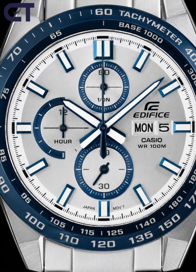 CASIO EFR-574DE-7AVUDF EDIFICE мужские наручные часы — стальной хронограф со светлым циферблатом и синим IP-безелем