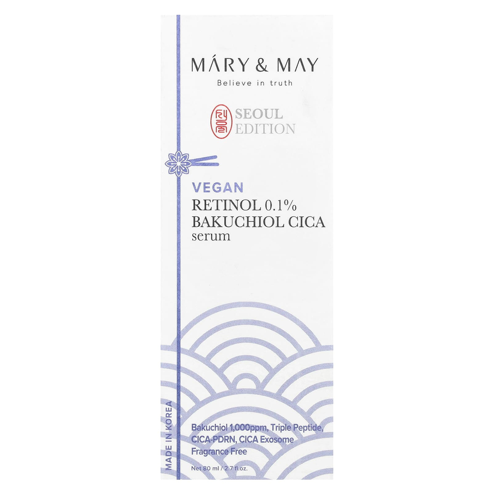 Mary & May, Seoul Edition, 0,1% сыворотка с ретинолом и бакучиолом, без отдушек, 80 мл (2,7 жидк. Унции)