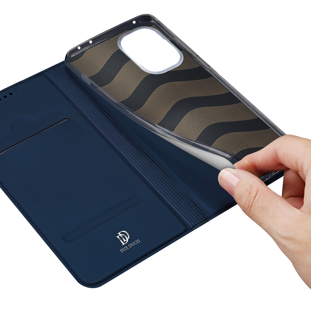 Чехол книжка из кожи синего цвета для OnePlus 15R, Ace 6 и 6T, серия Skin Pro Series от Dux Ducis