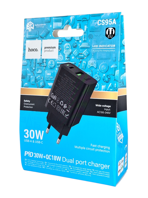 Сетевое зар. устр. Hoco CS95A 1USB/1C 30W QC3.0 черное