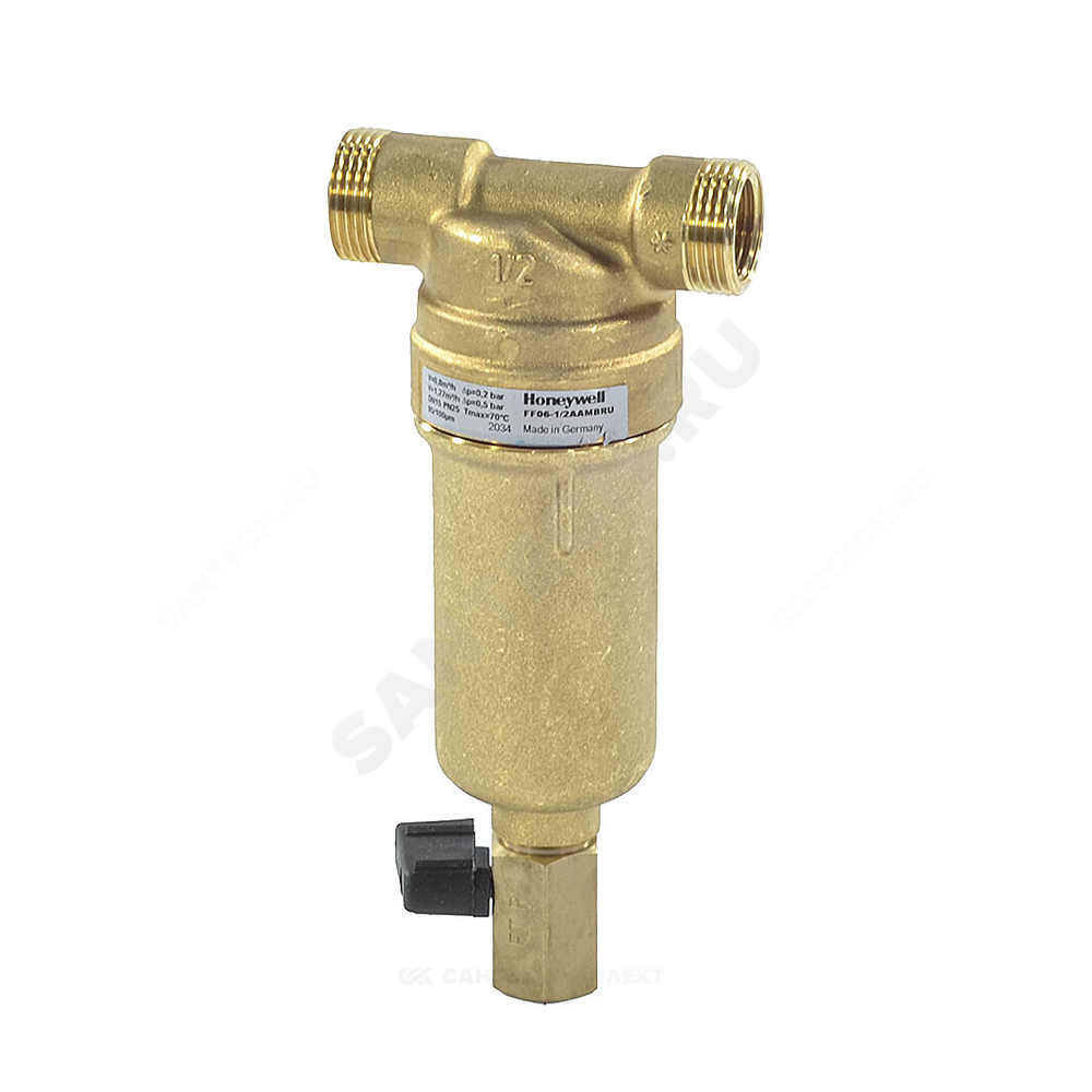 Фильтр сетчатый T-образный латунь Ду 15 Ру25 Тмакс=80 oC G1/2" НР FF06 с краном Honeywell-Braukmann FF06-1/2"AAM