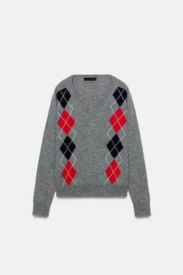 ZARA ШЕРСТЯНОЙ СВИТЕР С УЗОРОМ «РОМБЫ», СЕРЫЙ