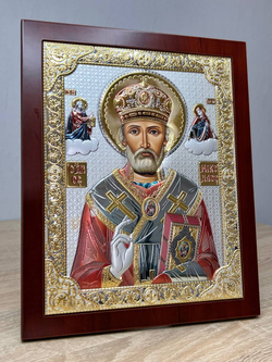 Николай Чудотворец, икона прямоугольная с рамкой, красное дерево, эмаль 185х235