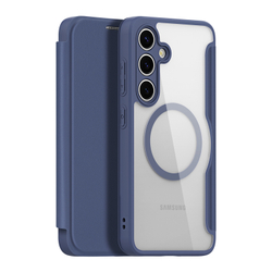 Прозрачный чехол книжка синего цвета с поддержкой MagSafe от Dux Ducis для Samsung Galaxy S24+, серия Skin X Pro Series Case