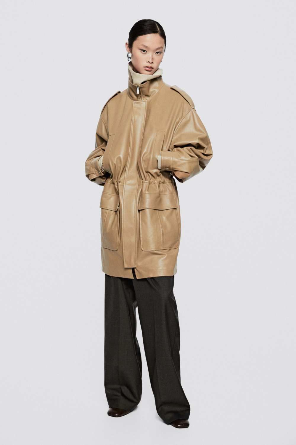 Massimo Dutti Парка из кожи наппа с присборенными деталями - Limited Edition, горчичный