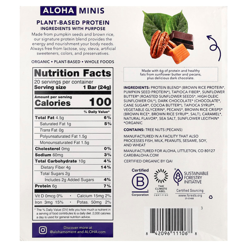 Aloha, Organic Protein Mini Bars, Chocolate Caramel Pecan, 20 Bars, 0.85 oz (24 g) Each