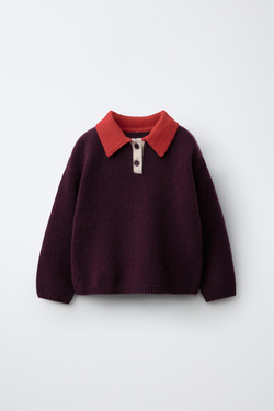 ZARA ТРИКОТАЖНОЕ ПОЛО COLORBLOCK ИЗ 100% ШЕРСТИ, БАКЛАЖАННЫЙ