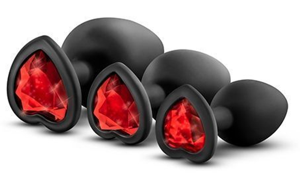 Набор черных анальных пробок с красным кристаллом-сердечком Bling Plugs Training Kit (Цвет: черный)