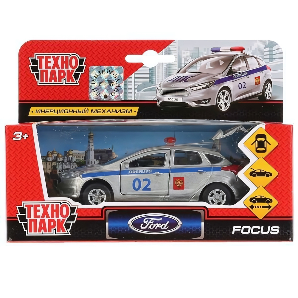 Модель ин. мет. "Ford Focus хэтчбэк полиция" 12см. двери, багаж, в коробка (Технопарк)