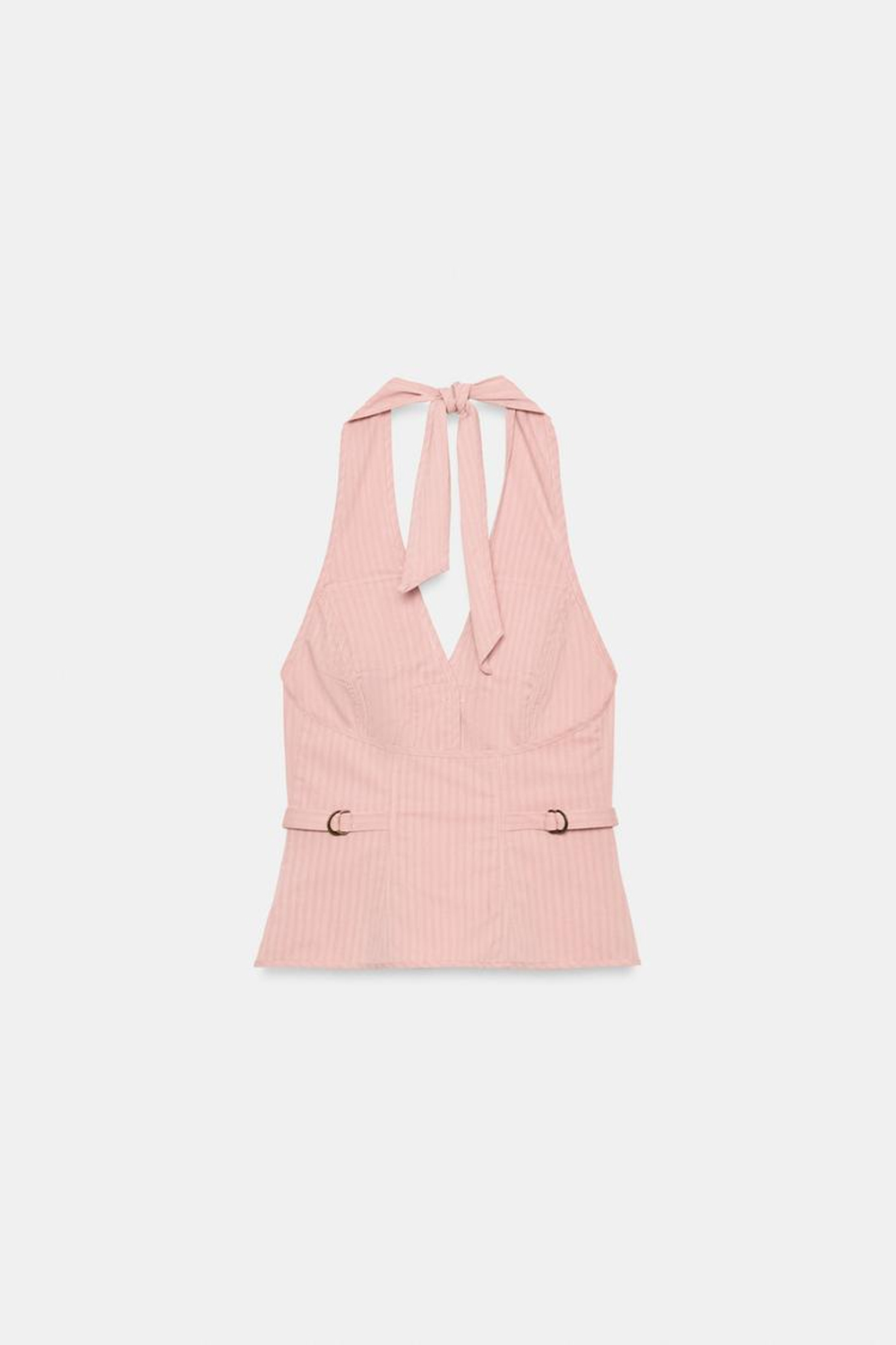 ZARA ТОП В ПОЛОСКУ С ГОРЛОВИНОЙ ХАЛТЕР И КАРМАНАМИ, БЛЕДНО-РОЗОВЫЙ