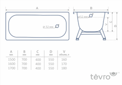 Стальная ванна ВИЗ Tevro (Тевро) 170x70, с ножками