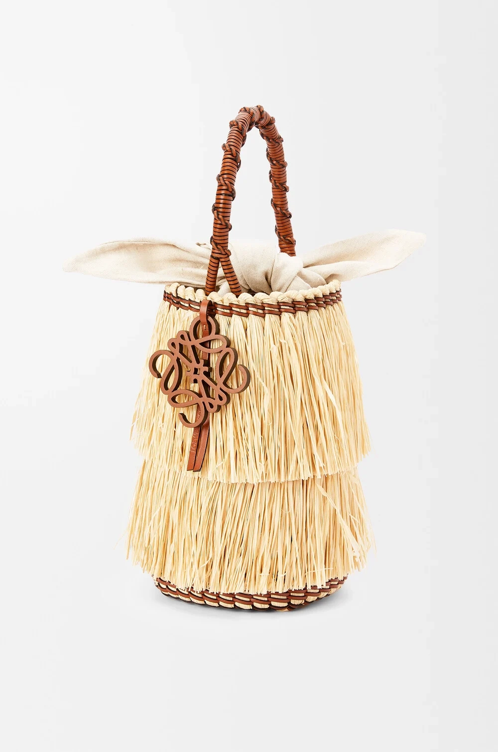 Loewe Сумка Frayed Bucket с бахромой из рафии и телячьей кожи, натуральный/коричневый