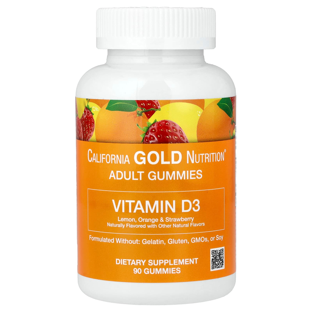 California Gold Nutrition, жевательный витамин D3, со вкусами лимона, апельсина и клубники, 90 жевательных таблеток (25 мкг (1000 МЕ) в 1 таблетке)
