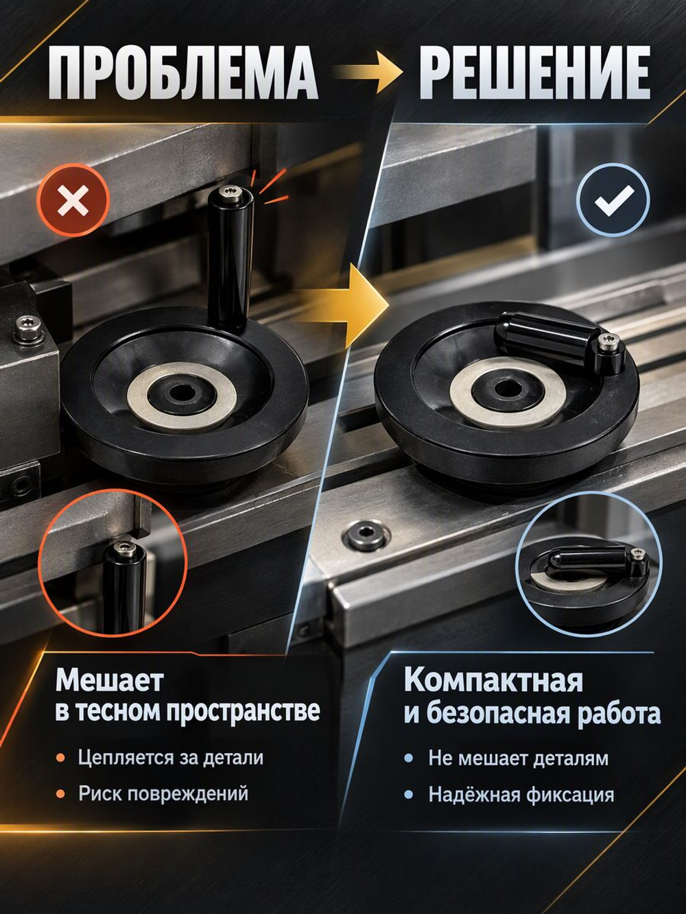 Маховик бакелитовый 160х16х5 мм цельнолитой с ручкой