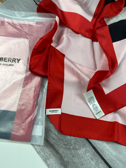 Шёлковый платок Burberry, 90х90см, Розовый красный/черный/белый, подшит, с бирками и пакетом