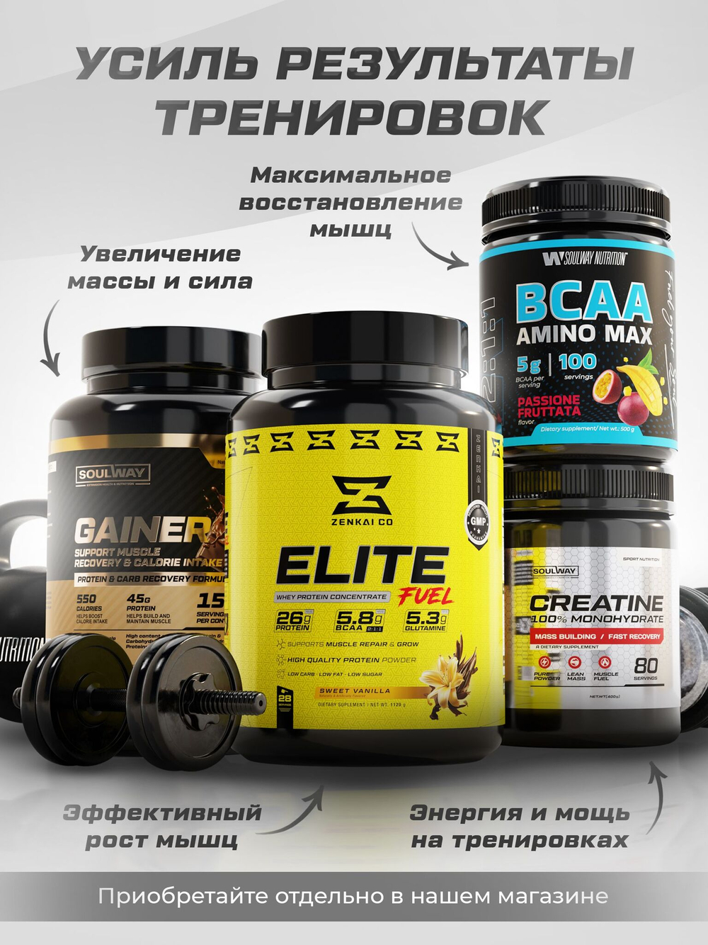 Набор для наращивания мышечной массы Гейнер + Протеин + Креатин + BCAA + ZMA
