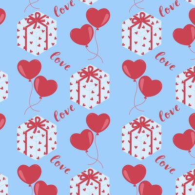 Подарки, шары в виде сердца и слово love