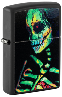 Зажигалка Zippo Skeleton Design с покрытием Black Light, латунь/сталь, черная, матовая, 38x13x57 мм