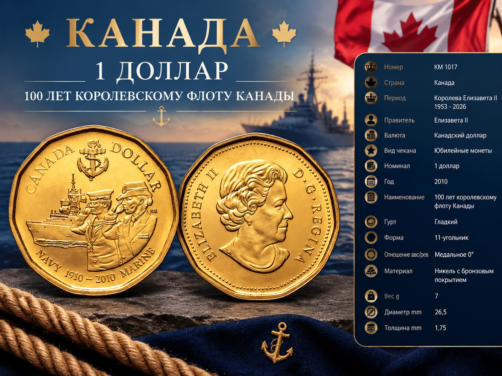 Канада 1 доллар, 2010 100 лет королевскому флоту UNC