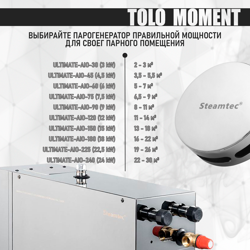 Steamtec TOLO MOMENT 225 - 22,5 кВт парогенераторы для хамама и турецкой бани / Серия PLATINUM со встроенной музыкой, пультом на 9-ти языках и возможностью монтажа без термодатчиков