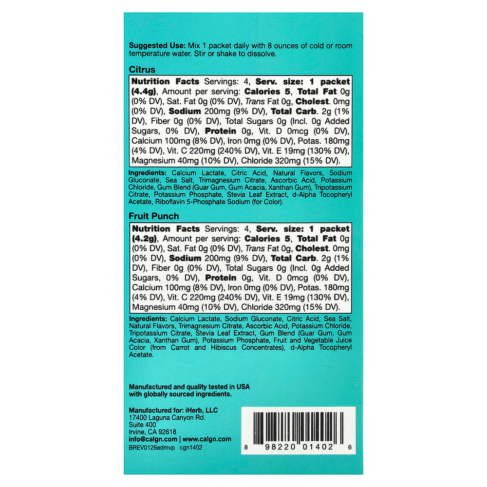 California Gold Nutrition, HydrationUP®, смесь для приготовления напитка с электролитами, с лактатом кальция, витаминами C и E, ассорти вкусов, 20 пакетиков по 4–4,8 г (0,14–0,17 унции)