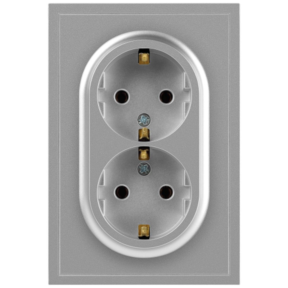 Розетка ЭРА Galaxy 15-2105-03 с заземлением двойная 2X2P+E Schuko со шторками IP20 16А-250В алюминий | Эра Galaxy