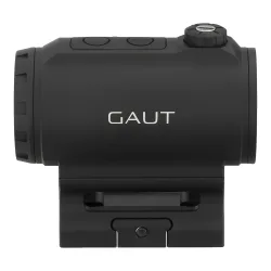 Коллиматор Gaut Tourmaline 1x25, закрытый, точка 2 МOA красная, Weaver - вид слева с логотипом Gaut