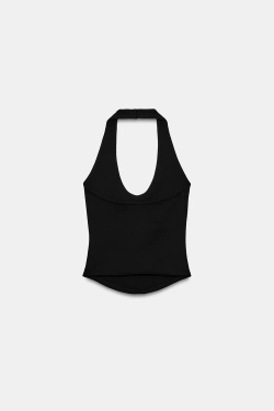 ZARA ТОП С ГОРЛОВИНОЙ ХАЛТЕР И ЗАКРУГЛЕННЫМ НИЗОМ, ЧЕРНЫЙ
