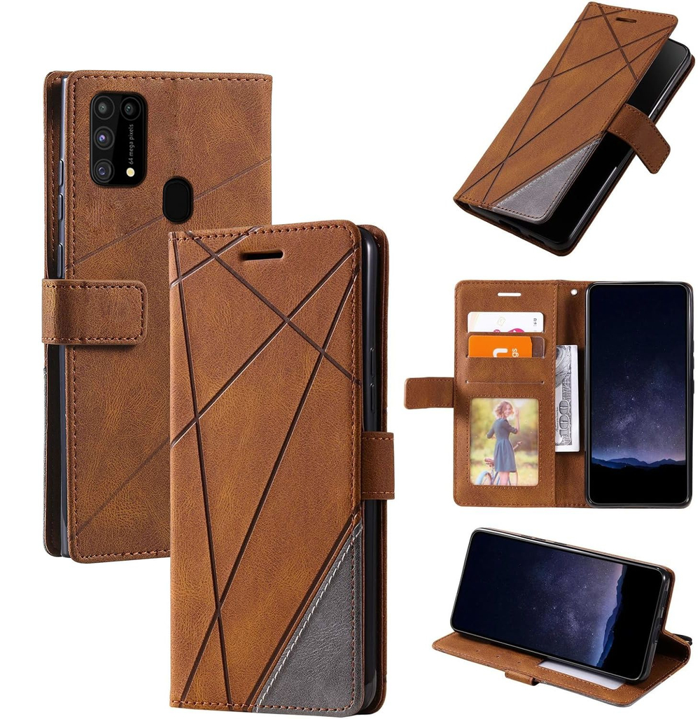 Дизайнерский чехол-книжка из кожи для SAMSUNG M31 / M21S / F41 с отделом для наличных, 3 слотами для карт и подставкой