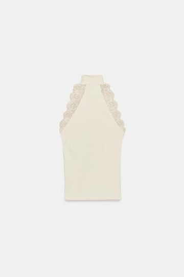 ZARA ТОП В РУБЧИК С КРУЖЕВОМ, ЭКРЮ