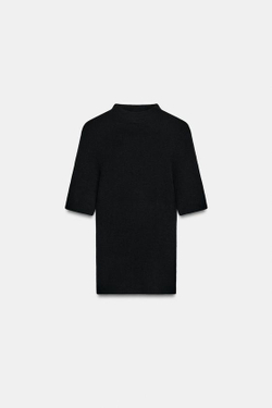 ZARA ТОП ИЗ 100% ТОНЧАЙШЕЙ ШЕРСТИ С КОРОТКИМИ РУКАВАМИ, ЧЕРНЫЙ