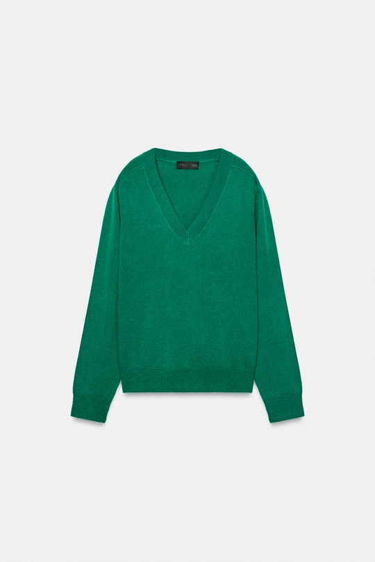 ZARA СВИТЕР ИЗ ШЕРСТИ С V-ОБРАЗНЫМ ВЫРЕЗОМ, ЗЕЛЕНЫЙ