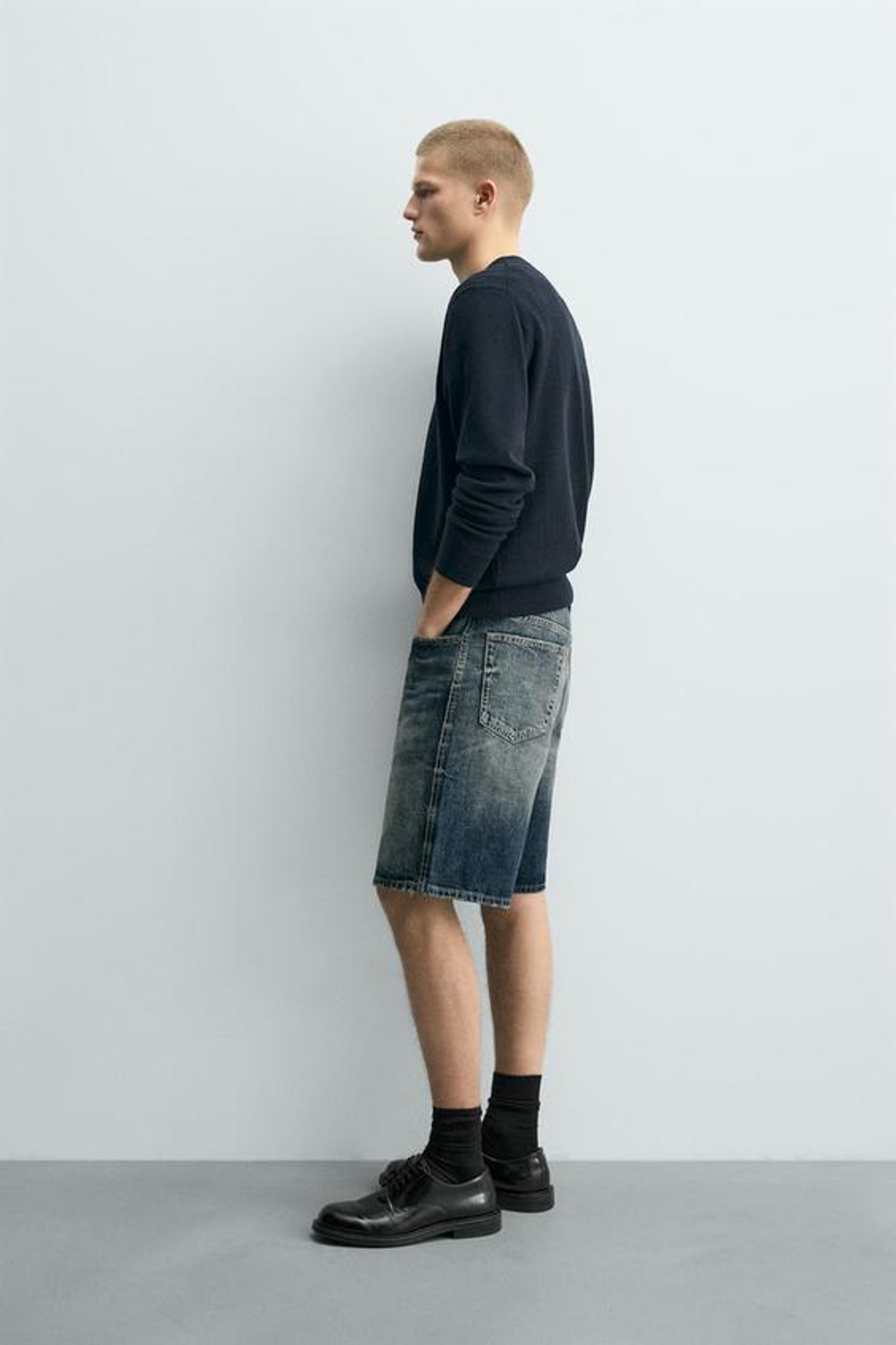 ZARA ДЖИНСОВЫЕ БЕРМУДЫ STRAIGHT FIT, ЗЕЛЕНОВАТО-СИНИЙ