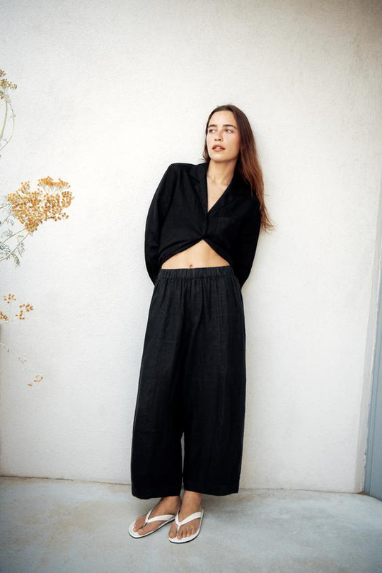 ZARA БРЮКИ BARREL ИЗ ЛЬНА — ZW COLLECTION, ЧЕРНЫЙ