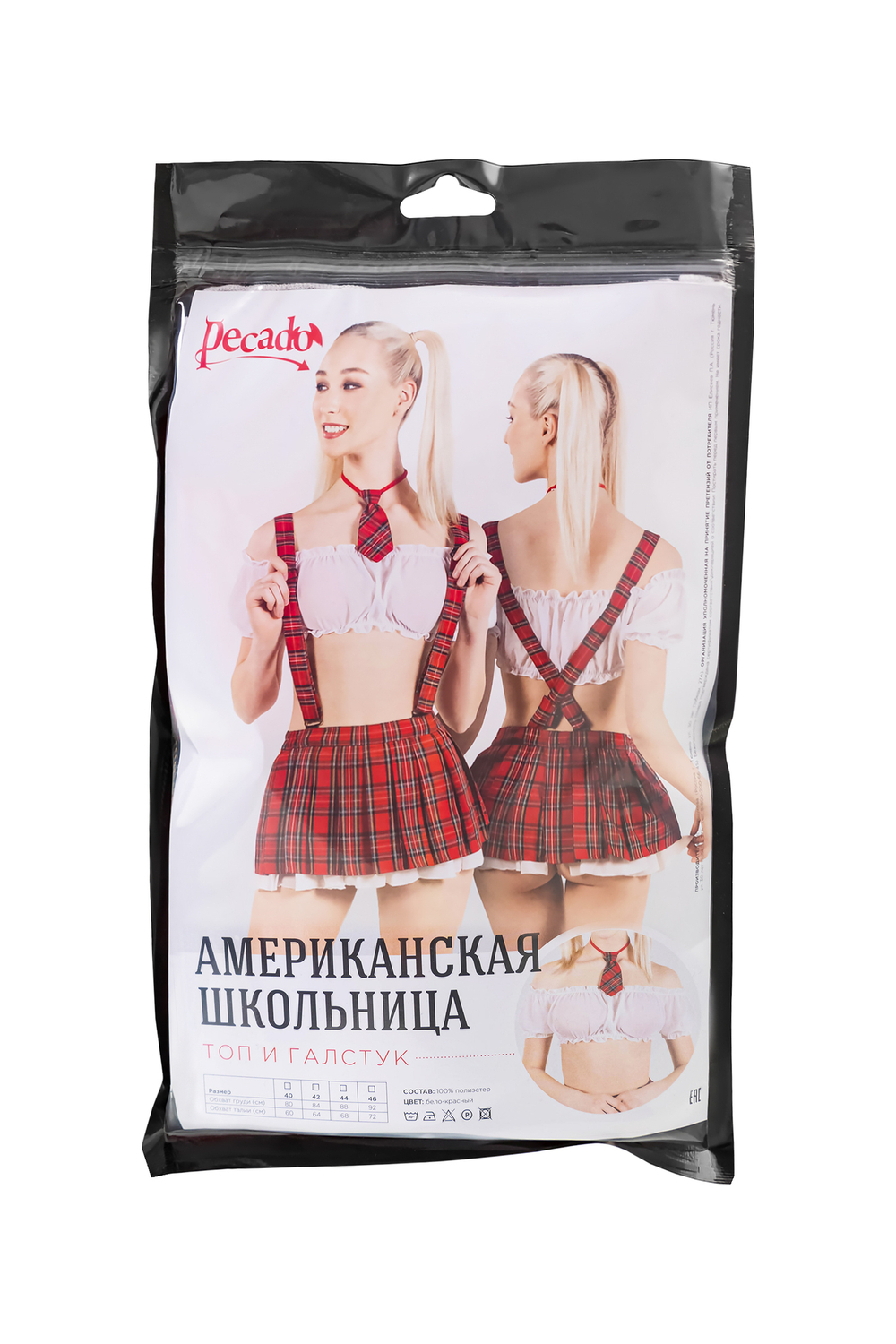 Верхняя часть костюма «Американская школьница», Pecado BDSM, топ, галстук, бело-красный, 46