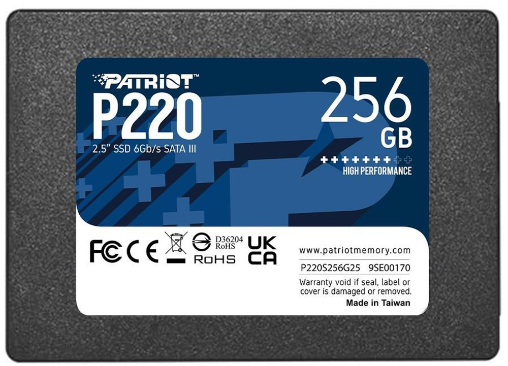 SSD Patriot P220 256Гб, 2.5", SATA3, Retail, Чтение:550мб/с, Запись:490мб/с, радиатор (P220S256G25)
