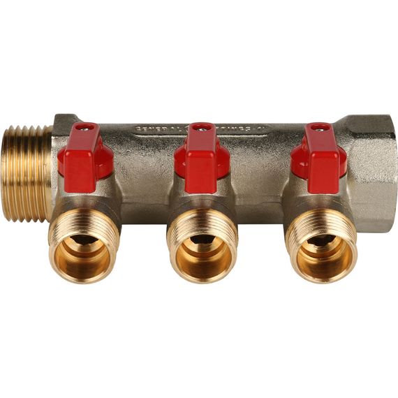 Коллектор запорный STOUT ВР-НР 1"/НР 3*1/2" красные ручки 30456