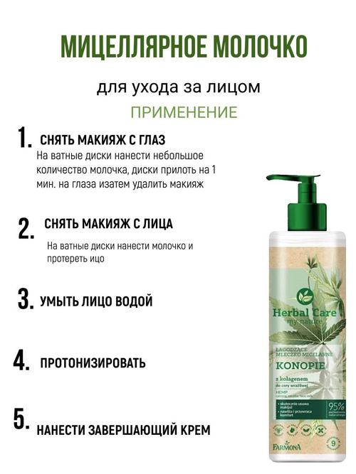 Мицеллярное успокаивающее молочко для лица с коноплей Farmona Herbal Care 400мл
