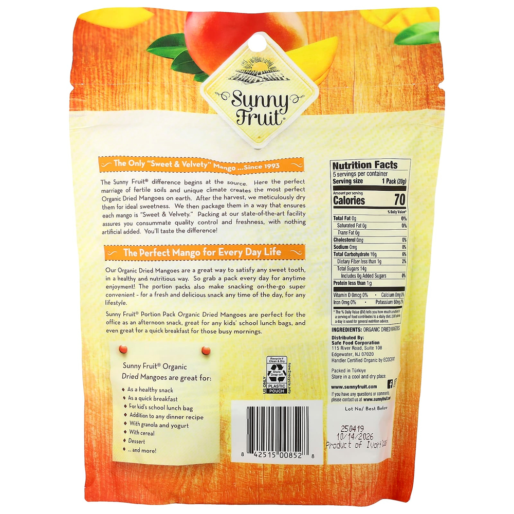 Sunny Fruit, органическое сушеное манго, 5 порционных пакетиков по 20 г (0,7 унции)