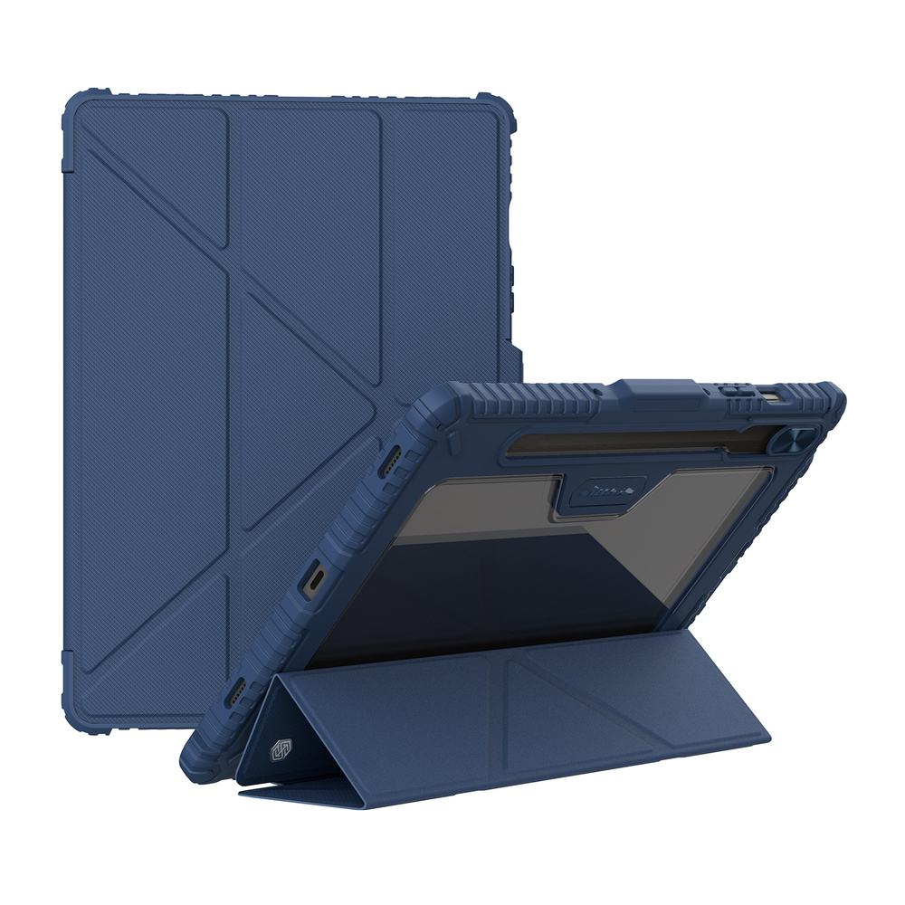 Чехол книжка синего цвета от Nillkin для планшета Samsung Galaxy Tab S9, серия Bumper Pro Case-Multi Angle Folding Style, с защитной шторкой для камеры