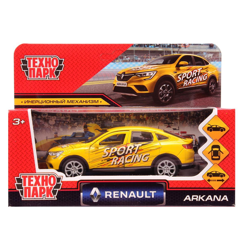 Модель ин. мет. "Renault Arkana спорт" 12см, двери, багаж, желтый, коробка ARKANA-12SRT-YE (Технопарк)