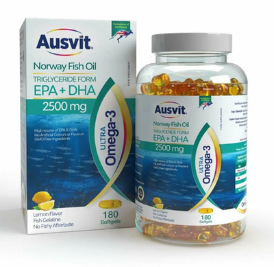 Ausvit Ultra Omega-3 Norway Fish Oil 2500 mg 180 Capsuls | Ausvit Yovvoyi Norvegiya baligʻi moyi asosidagi yuqori konsentratsiyali biologik faol qoʻshimcha 180 kapsula