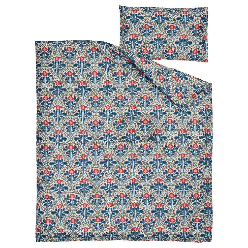 IKEA SÄTERVIDE  (ИКЕА СЭТЕРВИДЕ)  -  Пододеяльник и 1 наволочка для детской кроватки - белый синий/цветочный узор 110x125/35x55 см