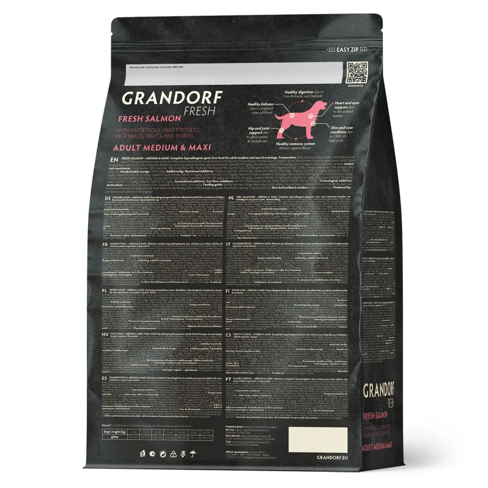 Сухой корм GRANDORF Fresh Dog Adult MED&MAXI Salmon&Sweet Potato для собак средних и крупных пород из свежего филе лосося с бататом