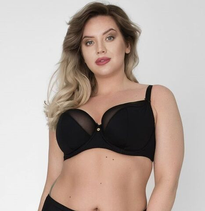 Бюстгальтер на косточках с гладкой чашкой +size из микрофибры и сетки (Размер: 75K) (Цвет: черный)