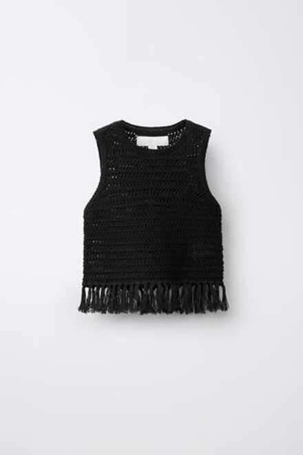 ZARA ТРИКОТАЖНЫЙ ТОП С БАХРОМОЙ, ЧЕРНЫЙ