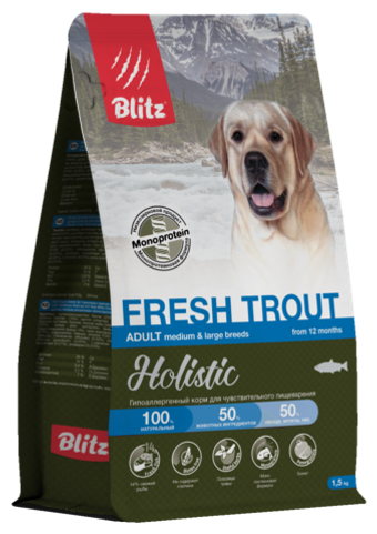Сухой корм для собак Blitz Holistic Fresh Trout Adult Dog Monoprotein для средних и крупных пород Holistic гипоаллергенный корм для чувствительного пищеварения, 1,5 кг