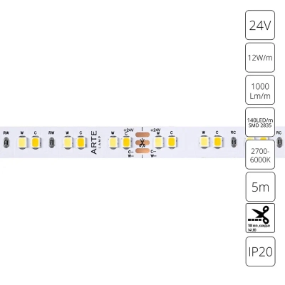 Светодиодная лента 24V 12W/m mix 2700-6000К 5м Arte Lamp TAPE A2414010-01-mix, LED