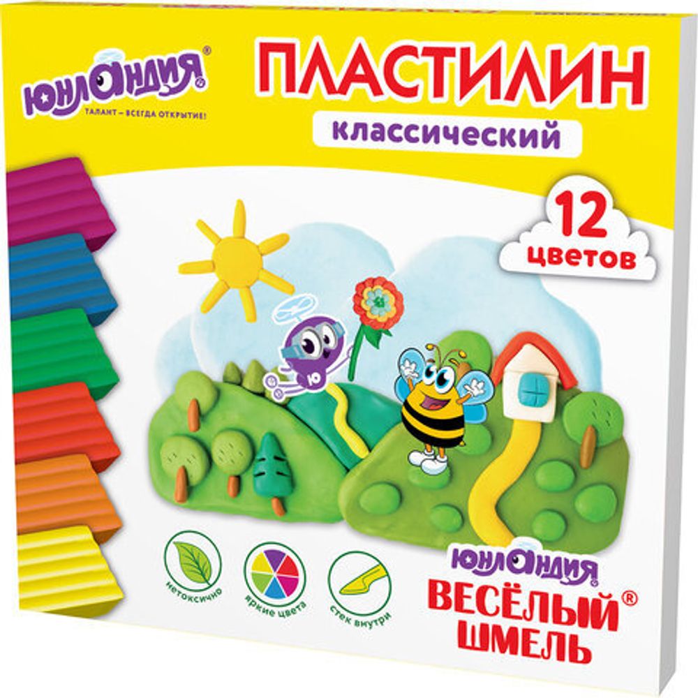 Пластилин классический ЮНЛАНДИЯ "ВЕСЁЛЫЙ ШМЕЛЬ", 12 цветов, 240 грамм, стек, ВЫСШЕЕ КАЧЕСТВО, 106431